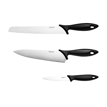 Fiskars Starter-Set, 3-teiliges Messer-Set, Kochmesser, Brotmesser, Schälmesser (Klingenlängen: 20 cm, 23 cm, 11 cm), Essential, Edelstahl / PP-Kunststoff, Schwarz, 1065583 im Sale